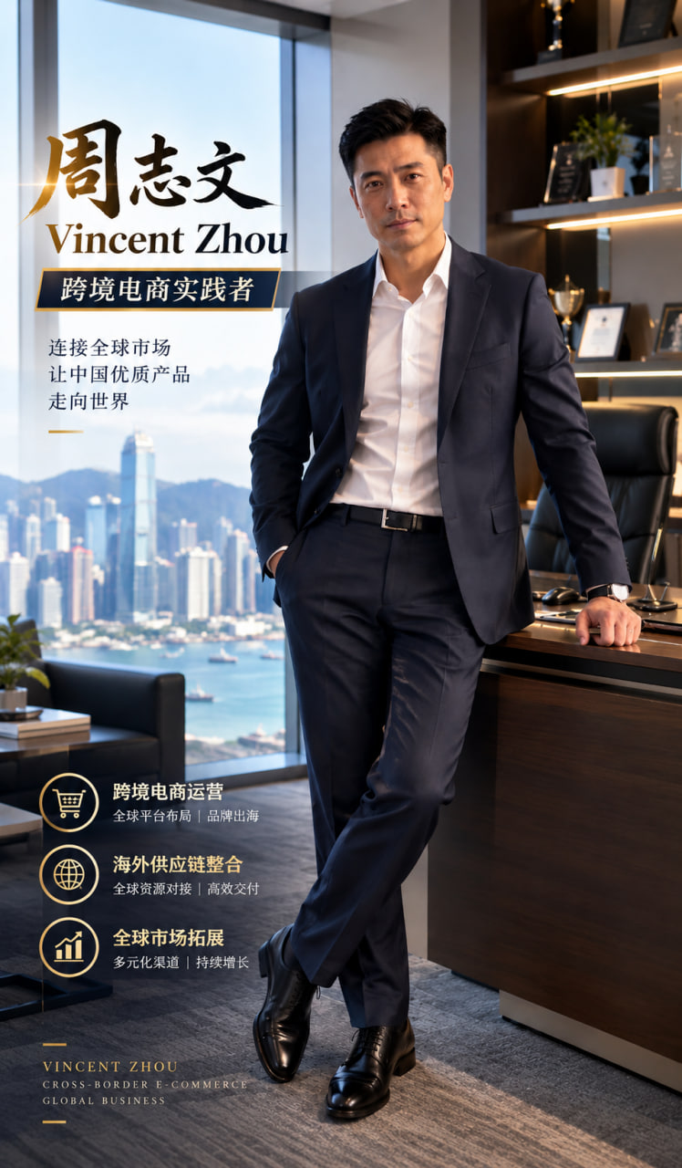 周志文身穿深色西裝站在辦公室內的彩色商務照片